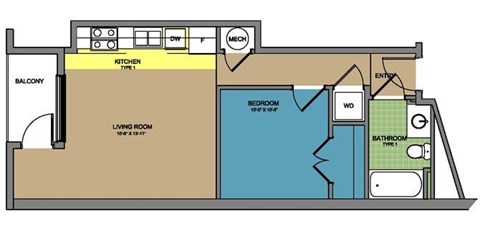 Floor plan for 1 bed, 1 bath, 566 sqft